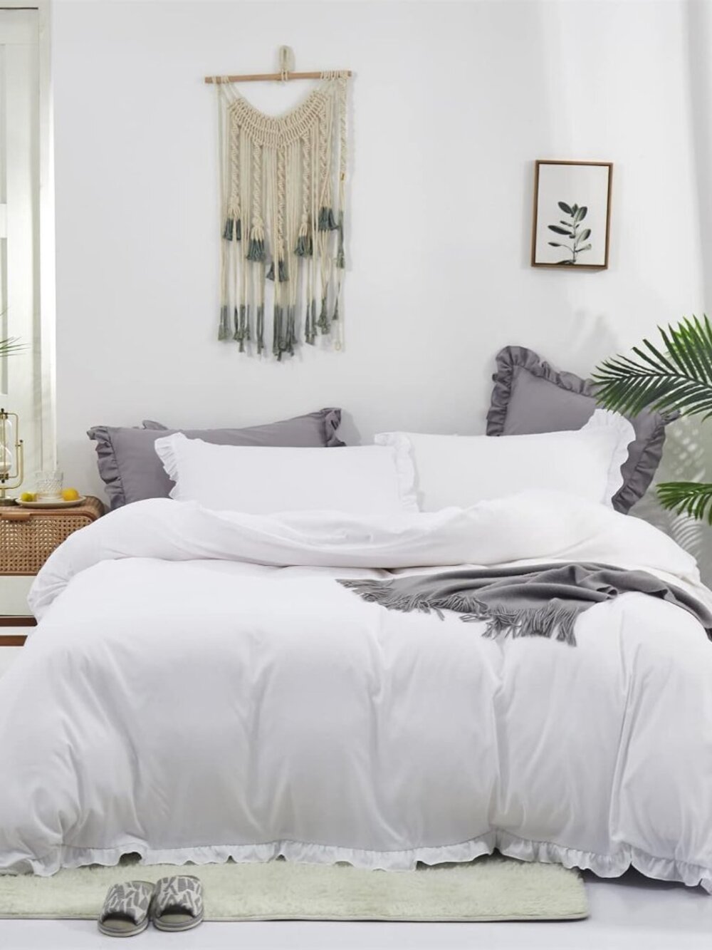 White Ruffled Comforter Set Cal King Size Bedding Set Women Ruffles Blanket Set